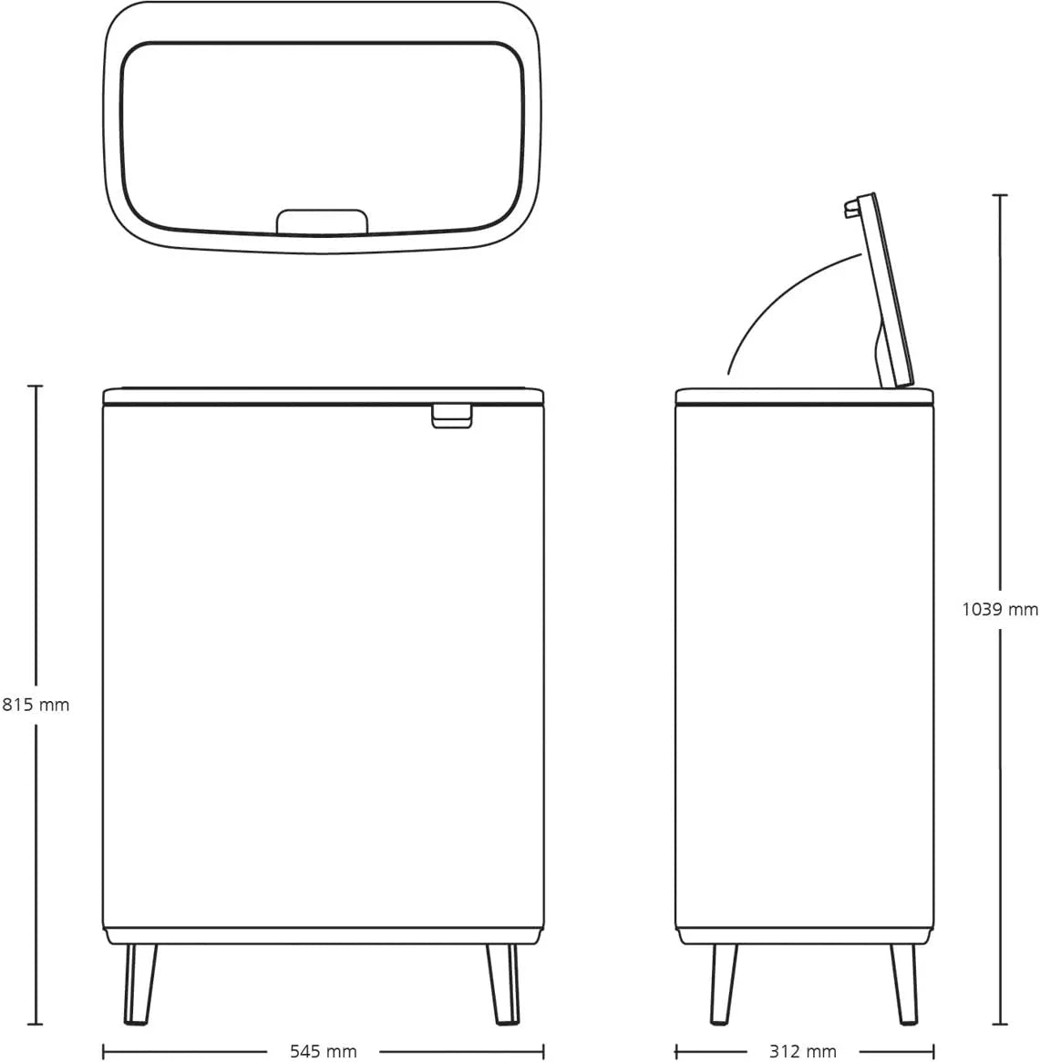 Brabantia｜Bo Touch Bin HI 高腳長形彈蓋桶 60L｜Matt Black啞黑