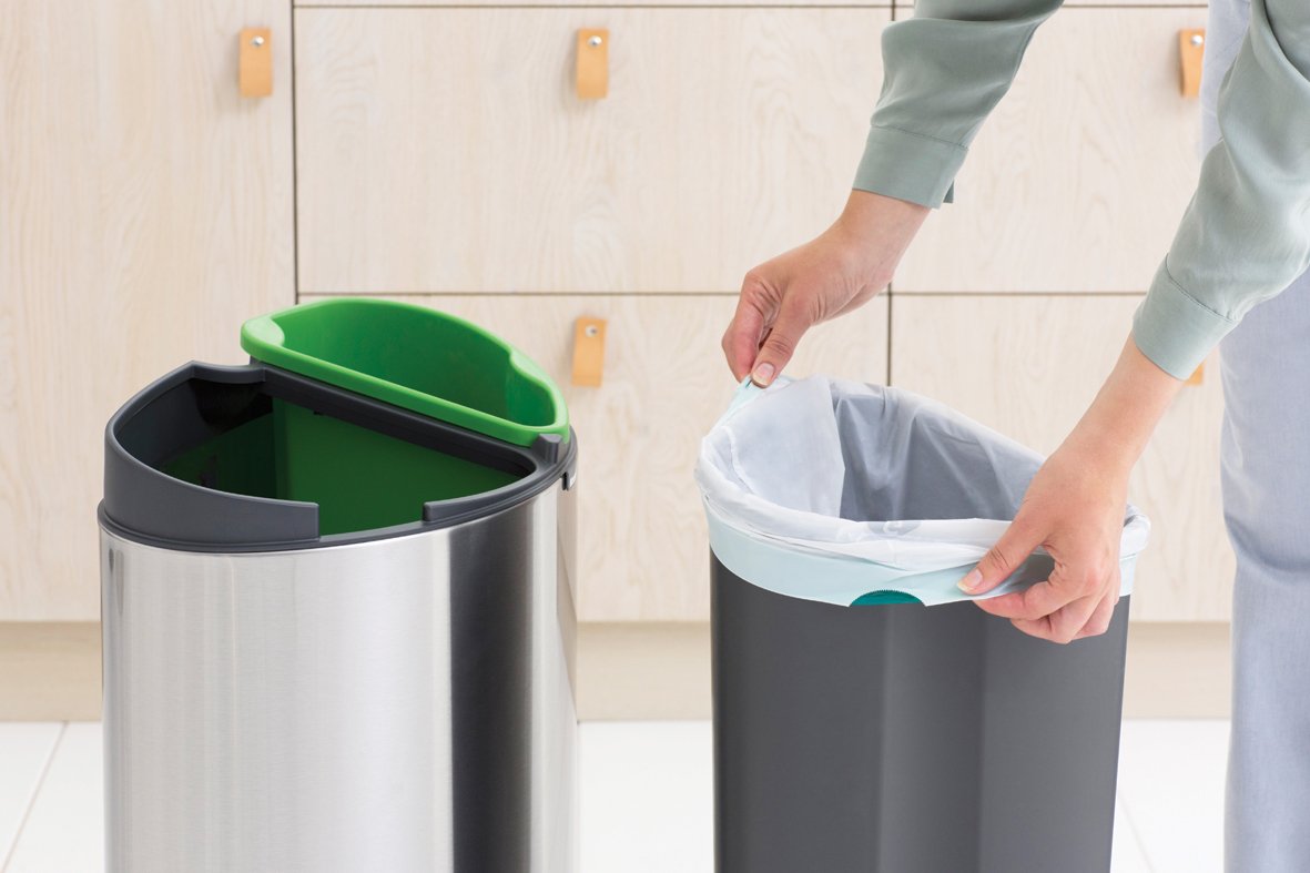 Brabantia｜Touch Bin New Recycle 半圓平背彈蓋垃圾桶 10＋23L｜回收兩用｜Brushed 無印砂鋼