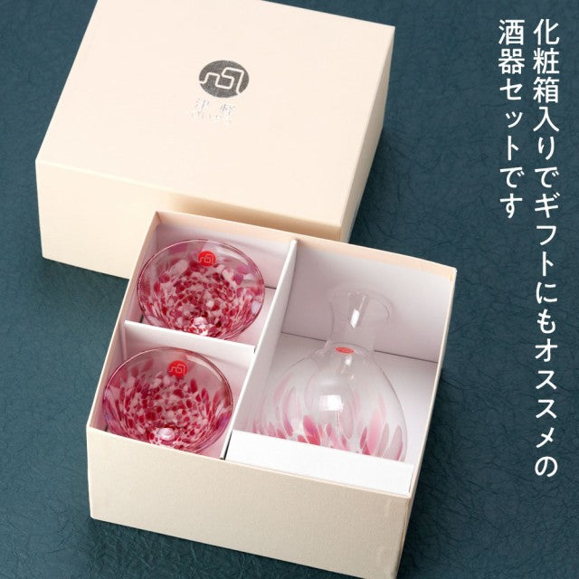 Made in Japan, Tsugaru Koko｜Handmade Sakura Fukiyuki sake jug and a pair of sake cups｜Gift box set