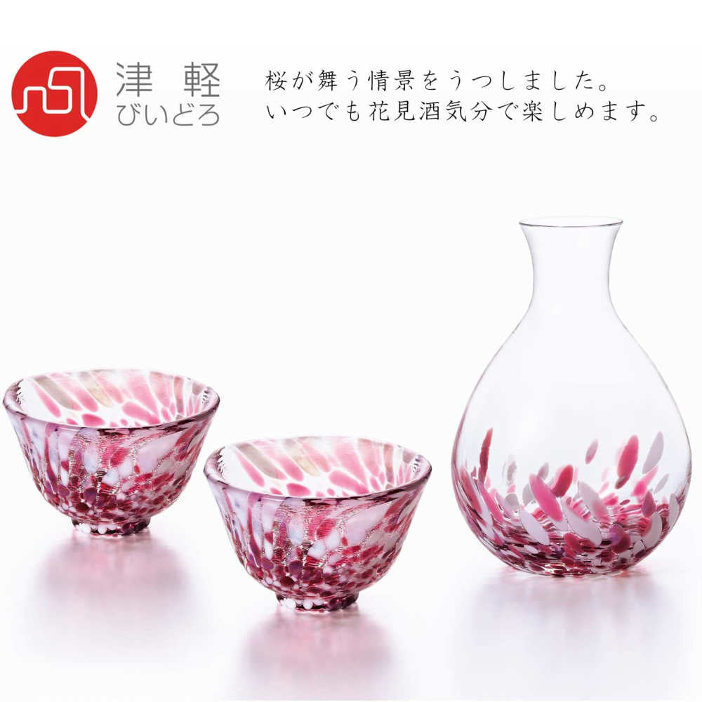 Made in Japan, Tsugaru Koko｜Handmade Sakura Fukiyuki sake jug and a pair of sake cups｜Gift box set